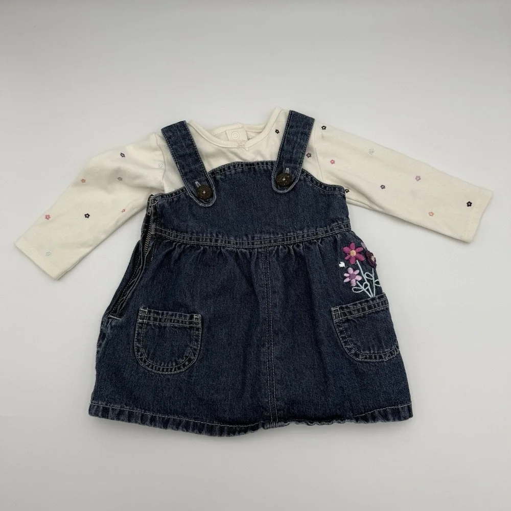 OshKosh Vestbak Denim‎ Overall Dress Embroidered Sz 9 M Floral w/ Bodysuit